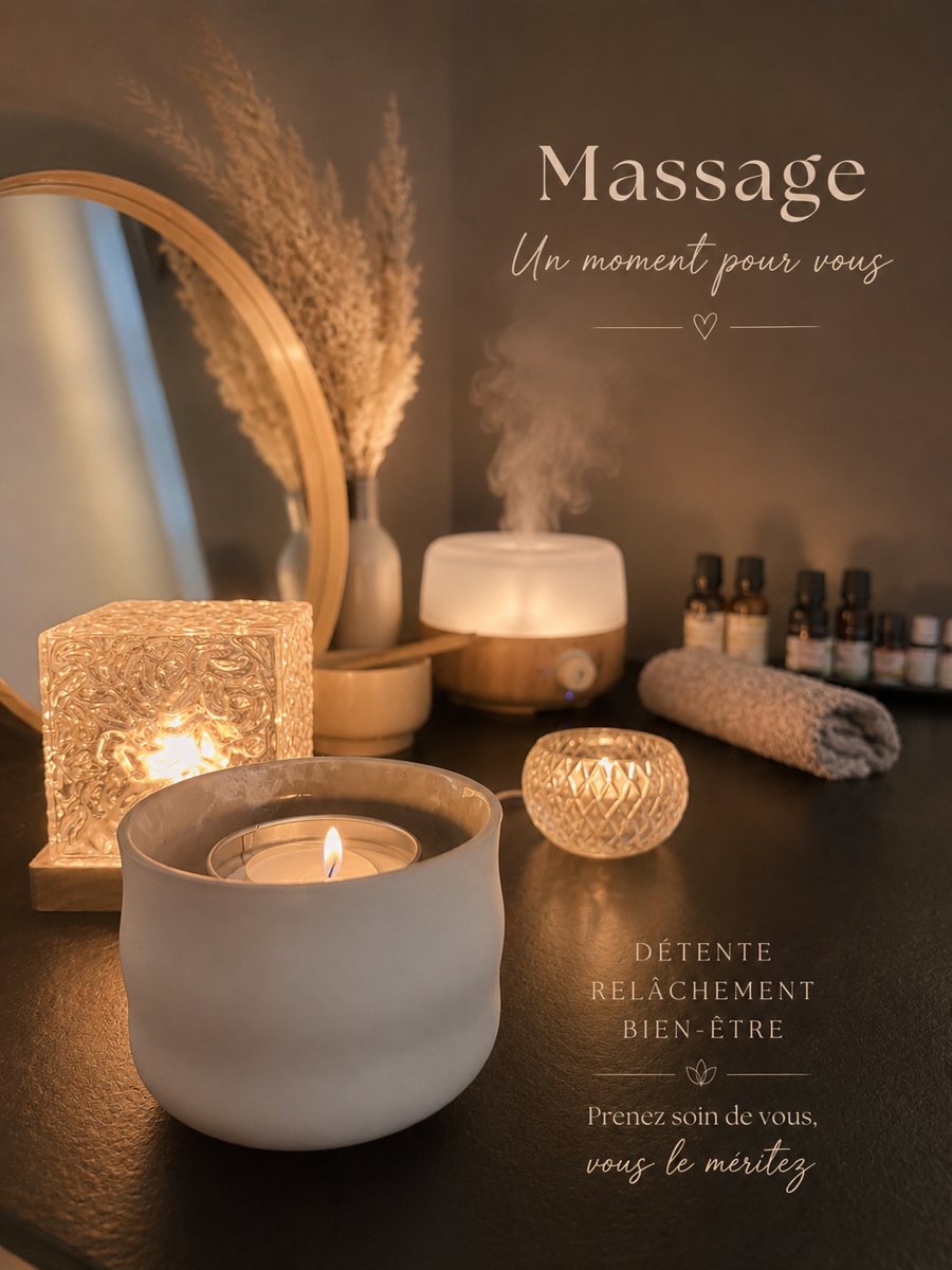 Massage, un moment pour vous : bougies, diffuseur et huiles essentielles